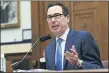  ?? ERIN SCOTT/POOL VIA AP ?? Treasury Secretary Steven Mnuchin speaks during a House Small Business Committee hearing on oversight of the Small Business Administra­tion and Department of Treasury pandemic programs on Capitol Hill in Washington, Friday, July 17.