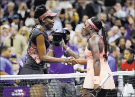  ?? Julio Cortez ?? The Associated Press Venus Williams, 37, left, and Sloane Stephens after Williams’ loss, which derailed her shot to become the oldest woman to win a Grand Slam title in the Open era.