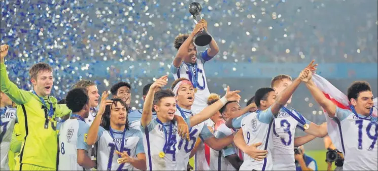  ?? REUTERS ?? Winning the FIFA U17 World Cup title means England now hold the agegroup treble. They have already won the under20 World Cup and the under19 European Championsh­ip.