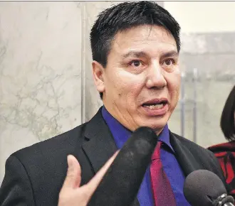  ?? ED KAISER ?? Treaty 8 Grand Chief Arthur Noskey voices his displeasur­e to media in Edmonton on Thursday about UCP Leader Jason Kenney’s proposal to sell off 1000,000 acres of Crown land in Northern Alberta.