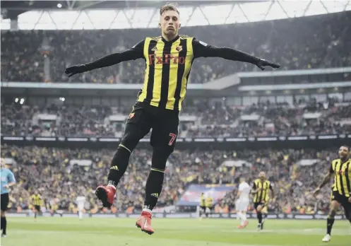  ?? PICTURE: NICK POTTS/PA ?? 0 Gerard Deulofeu celebrates scoring Watford’s third goal against Wolves in the FA Cup semi-final at Wembley.