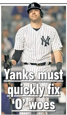  ?? Corey Sipkin ?? BAD TIMING: Austin Romine reacts after striking out with the bases loaded during the fourth inning of the Yankees’ 6-1 loss to the Rays on Wednesday.