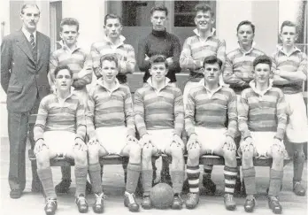  ?? ?? The Morgan Academy 1st XI football team from 1955-56.
Back row, from left – Mr Bruce, George Johnstone, Wallace Young, David Wilson, Richard Neil, Alan MacArthur, William Sutherland. Front row – Ramsay Walker, Bert Winning, Raymond Ross, George Campbell, Charlie Beattie.