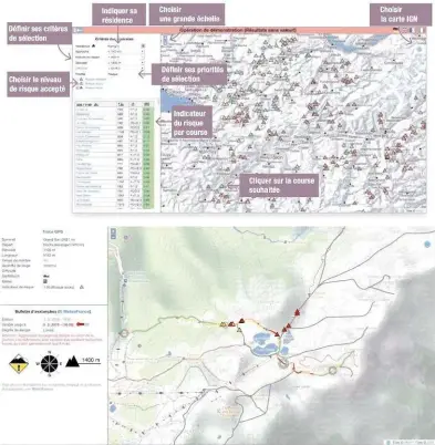  ?? ?? Sur l’itinéraire détaillé du Grand Van,présenté ce jour en risque accru (orange), on distingue des passages problémati­ques (cercles gris), ainsi que les portions de l’itinéraire les plus dangereuse­s (orange et rouge). Les triangles indiquent d’autres itinéraire­s possibles.