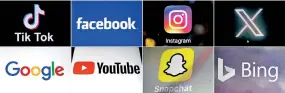  ?? ?? Logos of (top L-R) TikTok; Facebook; Instagram; X; (bottom L-R) Google; YouTube; Snapchat and Bing.