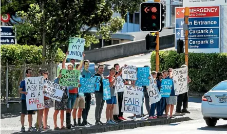  ?? STUFF ?? Junior doctors outside Auckland Hospital yesterday. The 48-hour strike lasts until 7am tomorrow.