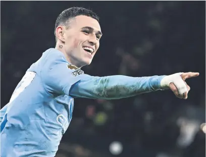  ?? Picture: AFP ?? TRIPLE TREAT. Manchester City’s Phil Foden celebrates after scoring one of his three goals during their English Premier League match against Aston Villa at the Etihad on Wednesday night.