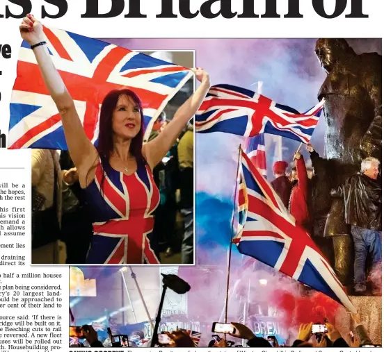  ??  ?? SAYING GOODBYE: Flag-waving Brexiteers climb on the statue of Winston Churchill in Parliament Square, Central London,