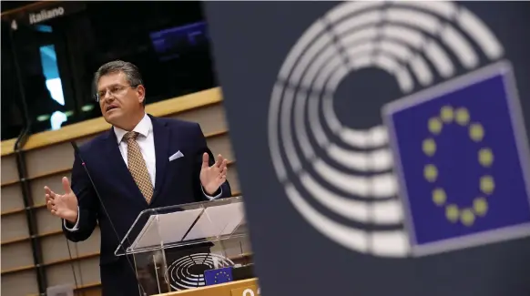  ??  ?? EU Commission Vice President Maros Sefcovic addresses a debate about EU financing and economic recovery with regulators in Brussels this week