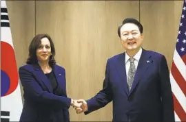  ?? Leah Millis Pool Photo ?? VICE PRESIDENT Kamala Harris and South Korean President Yoon Suk-yeol meet in Seoul, where they condemned North Korea’s intensifyi­ng weapons tests.