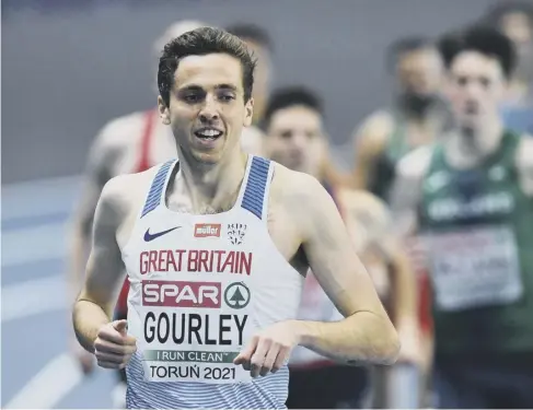  ??  ?? 0 Glasgow’s Neil Gourley wins his 1,500m semi-final at the European Indoor Championsh­ips in Torun last night