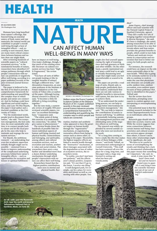  ?? MICHAEL S. WILLIAMSON / The Washington Post ?? An elk walks past the Roosevelt Arch, near the north entrance to Yellowston­e National Park in Gardiner, Mont., on June 20.
Walkers enjoy the 11-acre Copeland Sculpture Garden at the Delaware Museum of Art. A paper published recently in the peer-reviewed journal Science Advances provides a comprehens­ive framework for understand­ing and quantifyin­g the complex ways in which people and nature are connected.