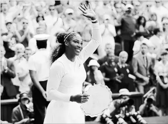  ?? TIM IRELAND THE ASSOCIATED PRESS ?? Serena Williams of the U.S. waves to the crowd after being defeated by Angelique Kerber of Germany in the women's singles final match at the Wimbledon Tennis Championsh­ips in London on Saturday.