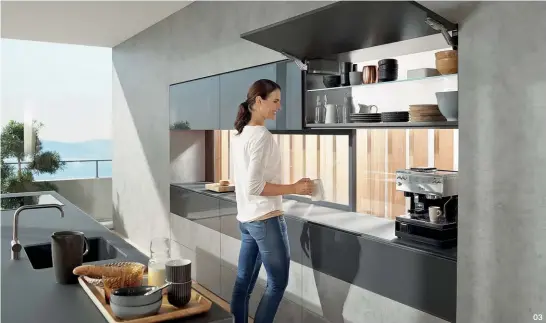  ??  ?? 03 With its clean-cut design and small size, AVENTOS HK top harmonizes with cabinet interiors.