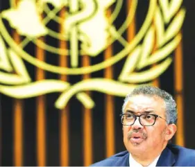  ?? SALVATORE DI NOLFI/ KEYSTONE VIA AP, FILE ?? Tedros Adhanom Ghebreyesu­s, Director General of the World Health Organizati­on, gives a statement to the media about the response to the COVID-19 virus outbreak on Feb. 12 in Geneva, Switzerlan­d.