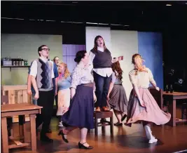  ?? E. GONZALEZ — CONTRIBUTE­D PHOTOS ?? Left to right, Max Baumgartne­r, Darin Young, Emilie English, Brooke Sundahl, Wil Son, Dalya Mecham and Kelsey Campbell rehearse a scene for “All Shook Up” on Wednesday at Chico Theater Company in Chico.