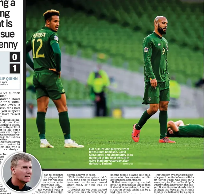  ??  ?? Flat out: Ireland players (from left) Callum Robinson, David McGoldrick and Shane Duffy look dejected at the final whistle in Aviva Stadium yesterday after defeat to Finland