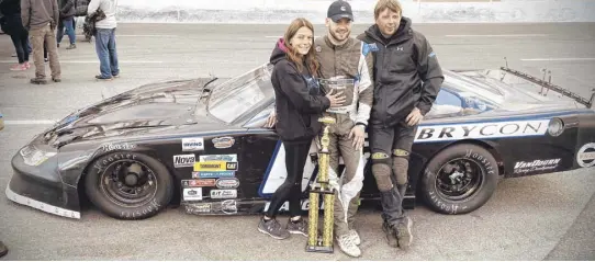  ?? WINGNUT PROMOTIONS ?? Nicholas Naugle, centre, poses with his parents Connie Tessier and Brian Naugle after finishing second at the Cummins 150 at Scotia Speedworld last season. The Naugle family is excited to open the East Coast Internatio­nal Pro Stock Tour on Saturday at Scotia Speedworld.