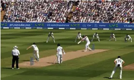  ?? Photograph: Ryan Pierse/Getty Images ?? Zak Crawley hits Pat Cummins for four off the first ball of the 2023 Ashes series at Edgbaston.