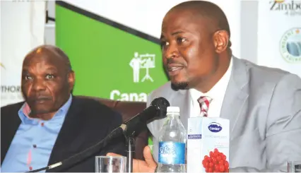  ??  ?? Acting CEO for ZimTrade Mr Alan Majuru (right) addresses journalist­s during a media briefing following their visit to China recently. Looking on is Zimbabwe Tourism Authority CEO Dr Karikoga Kaseke