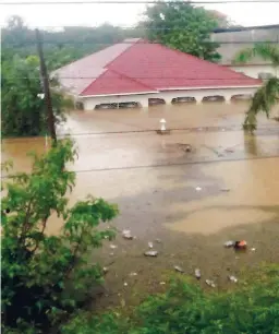  ?? FILE ?? Almost covered by the floodwater­s is the home and property of Henry Blair and his son, Dwayne. The men were trapped for two hours in the ceiling of the home, located in Palmetto Pen, Clarendon, last Saturday.