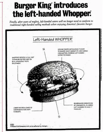  ??  ?? ABOVE: A 1998 poster for Burger King’s left-handed Whopper (the condiments were rotated 180 degrees). ABOVE: in the same year, David Bowie helped launch William Boyd’s biography of fictional artist nat Tate.