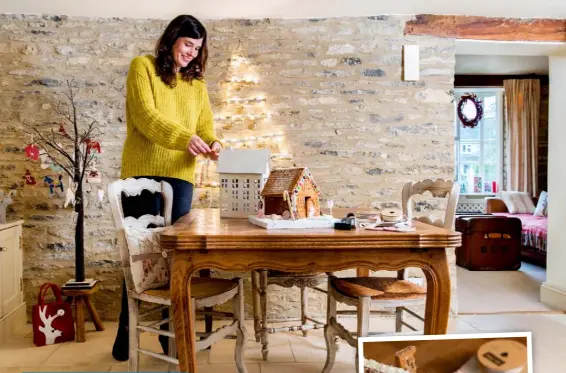  ??  ?? DINING IN STYLE ‘My signature look is a mix of pretty, faded vintage pieces and French country charm,’ says Caroline. She bought this elegant dining table and mismatched chairs at an antiques market in Paris. The table’s curved legs and scalloped top...