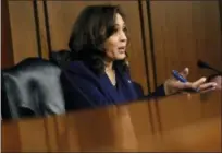  ?? ASSOCIATED PRESS ?? Sen. Kamala Harris, D-Calif., questions President Donald Trump’s Supreme Court nominee, Brett Kavanaugh, in the evening of the second day of his Senate Judiciary Committee confirmati­on hearing, Wednesday on Capitol Hill in Washington, to replace retired Justice Anthony Kennedy.