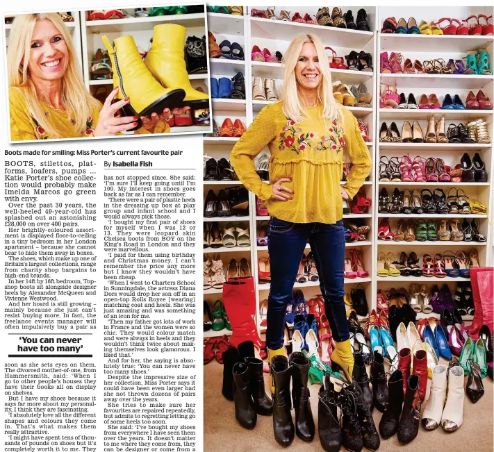  ??  ?? Boots made for smiling: Miss Porter’s current favourite pair Well heeled: Katie Porter loves displaying her colourful collection – which fills an entire bedroom