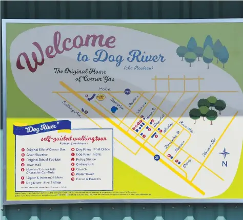  ?? JENNIFER ACKERMAN ?? A map highlights the attraction­s on the new walking tour launched Wednesday in Rouleau, the Saskatchew­an town which served as the fictional Dog River in the long-running CTV television series, Corner Gas. There are 14 stops on the self-guided...