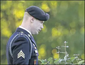  ?? AP PHOTO ?? Army Sgt. Bowe Bergdahl leaves the Fort Bragg courtroom facility as the judge deliberate­s during a sentencing hearing at Fort Bragg, N.C., Friday.