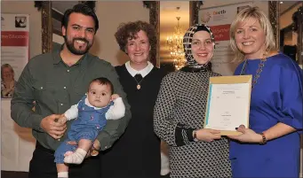  ??  ?? Andrea Marosan receives her certificat­e from Cllr. Sharon Tolan, Chairperso­n of LMETB and Maria Morgan at the LMETB QQI awards ceremony held in the d Hotel. Included in the picture are Rasoul and Rebecca Moghaddam.