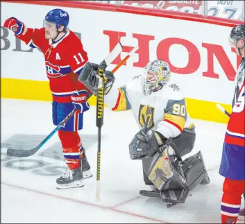  ?? Ryan Remiorz The Canadian Press via AP ?? Knights goaltender Robin Lehner knows it’s over as Canadiens Brendan Gallagher, left, and Corey Perry prepare to celebrate their Game 6 overtime victory.