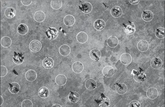  ?? NOAH BERGER / ASSOCIATED PRESS ?? Circles designed to help prevent the spread of the coronaviru­s keep visitors socially distanced in San Francisco’s Dolores Park on Thursday.