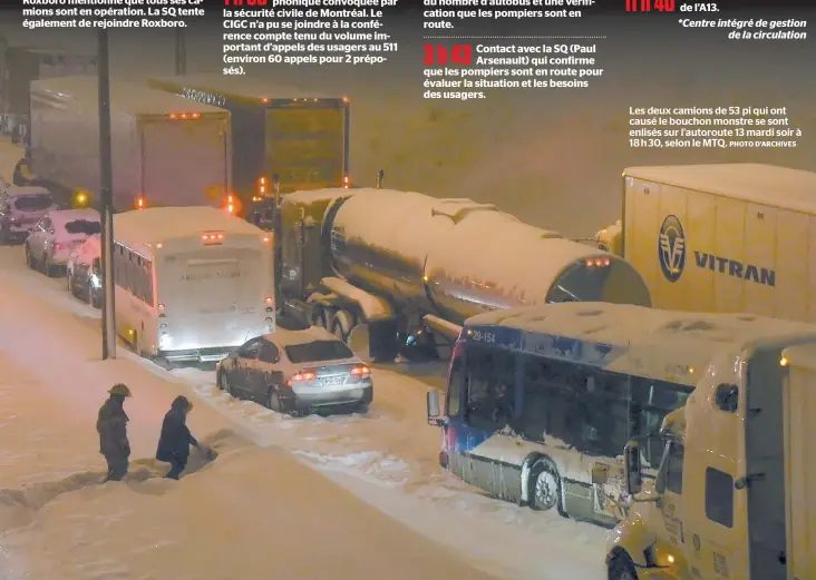  ??  ?? Les deux camions de 53 pi qui ont causé le bouchon monstre se sont enlisés sur l’autoroute 13 mardi soir à 18 h 30, selon le MTQ. PHOTO D’ARCHIVES