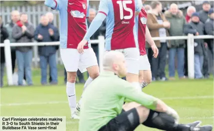  ??  ?? Carl Finnigan celebrates making it 3-0 to South Shields in their Buildbase FA Vase semi-final