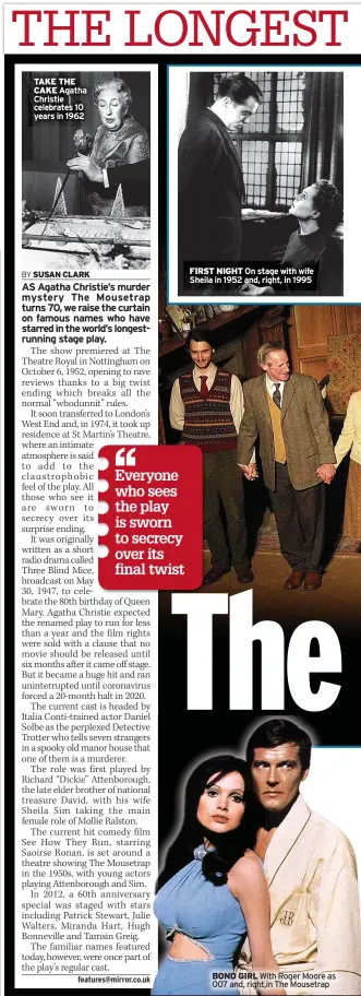  ?? ?? TAKE THE CAKE Agatha Christie celebrates 10 years in 1962
FIRST NIGHT On stage with wife Sheila in 1952 and, right, in 1995