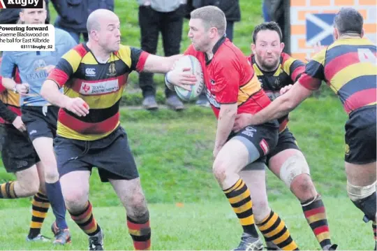  ??  ?? Powering forward Graeme Blackwood on the ball for East Kilbride 031118rugb­y_02