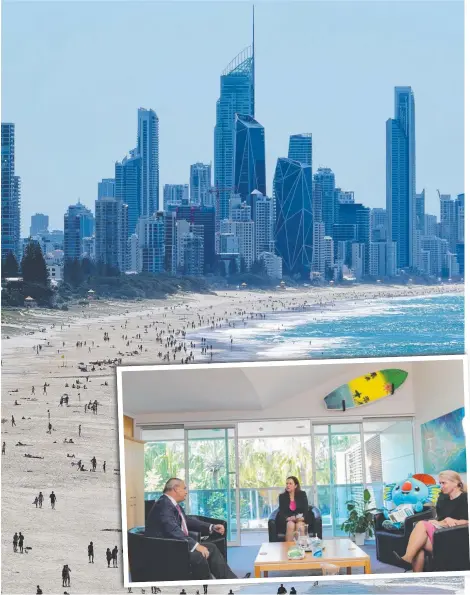  ?? Picture: AAP IMAGE ?? The Gold Coast (main) and its tourism industry were high on the agenda at a meeting this week (inset) attended by Mayor Tom Tate, Premier Annastacia Palaszczuk and Tourism Minister Kate Jones.