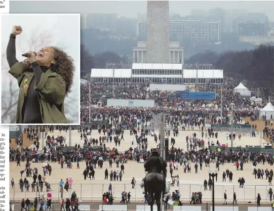  ?? AP PHOTOS ?? MARCH ON D.C.: Protesters, above, gather on the National Mall in Washington, D.C., for the Women’s March on Washington yesterday. Alicia Keys, inset, performs during the march.