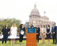  ?? ?? Amanda Zurawski, one of five plaintiffs in Zurawski v. State of Texas, speaks Tuesday in front of the Texas State Capitol in Austin, Texas, as the Center for Reproducti­ve Rights and the plaintiffs announced their lawsuit, which asks for clarity in Texas law as to when abortions can be provided under the “medical emergency” exception. All five women were denied medical care while experienci­ng pregnancy complicati­ons that threatened their health and lives. (Sara Diggins/Austin American-Statesman via AP)