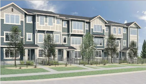  ?? EXCEL HOMES ?? This is an artist’s rendering of the front exterior of a new fee-simple townhome developmen­t by Excel Homes in the Cochrane community of Sunset Ridge.