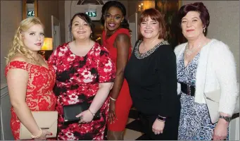  ??  ?? Jessica Lynch, Emma Dollard, Shannakay Marini, Geodell Bayer and Bernie Hoey from Moorehall Lodge Drogheda pictured at the Moorehall Living Staff Recognitio­n night at Bellingham Castle Hotel.