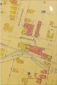  ??  ?? The fire insurance plan for the 1920s provides a good illustrati­on of the several buildings tied to the J. Walter Green foundry. The red colour indicate solid brick buildings; the yellow is for frame buildings, the blue lines suggest stone walls built around the otherwise frame buildings.