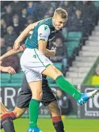  ?? Pictures: SNS. ?? Adam Hammill, top, after putting the Buddies 1-0 up; Ryan Porteous headed home Hibs’ second goal.