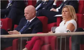  ?? Photograph: Friedemann Vogel/EPA ?? Germany’s interior minister, Nancy Faeser, with the OneLove armband beside Fifa’s president, Gianni Infantino.