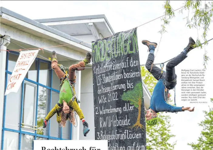  ?? ARCHIVFOTO: FELIX KÄSTLE ?? Wolfgang Ertel (rechts), Professor für Künstliche Intelligen­z an der Hochschule Ravensburg-Weingarten, und Klimaaktiv­ist Samuel Bosch wollten mit ihrer Protestakt­ion im Mai vergangene­n Jahres erreichen, dass die Heizungen in den Hörsälen nicht mehr permanent laufen, sondern intelligen­t gesteuert werden. Nun steht Ertel deswegen vor Gericht.