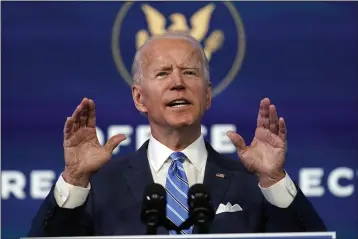  ?? MATT SLOCUM — AP PHOTO ?? President-elect Joe Biden speaks about his plans to address the COVID-19pandemic and the economy at The Queen theater Thursday in Wilmington, Del.