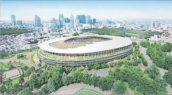  ??  ?? Recreación del nuevo Estadio Olímpico de Tokio. Sobre la base del estadio de los JJ.OO. de 1964, la remodelaci­ón de la ‘Hamburgues­a Gigante’, como la llaman los japoneses, comenzó en 2016