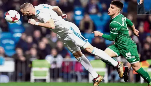  ?? — AFP / Reuters ?? Contact!: Real Madrid’s Karim Benzema (left) heading the ball in the Spanish King’s Cup quarter-final second-leg match against Leganes at the Bernabeu on Wednesday. Inset: Zinedine Zidane.